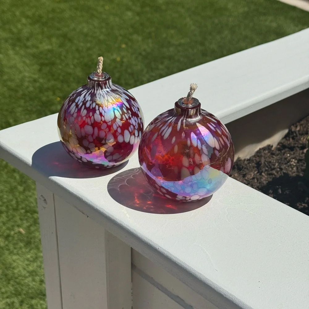 Pottery Barn Art Glass Hand Blown 3 1/2 inch Red Iridescent Oil Candle Lamps